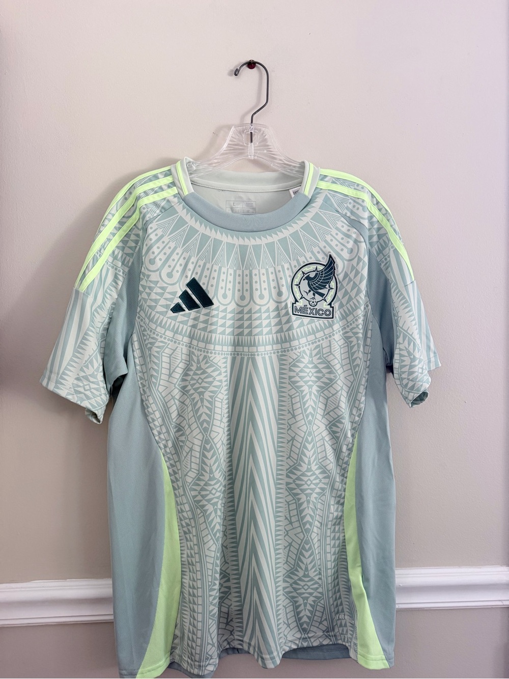 adidas Mint Green Mexico Soccer Jersey with Neon Stripes